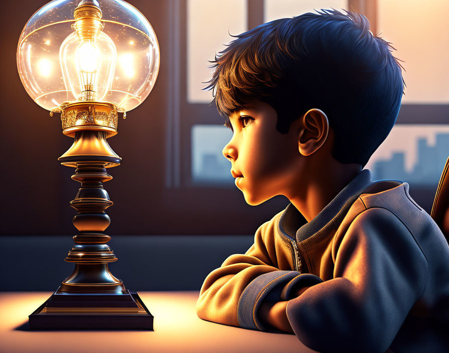 Young boy captivated by glowing light bulb at desk as dusk falls outside.