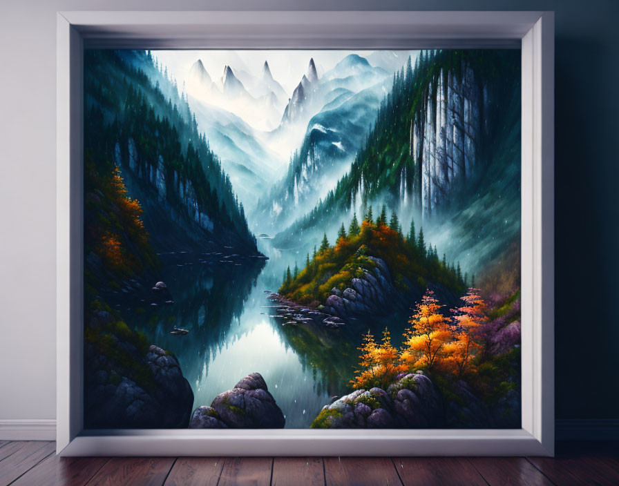 Framed misty mountain landscape with river and autumn trees in room