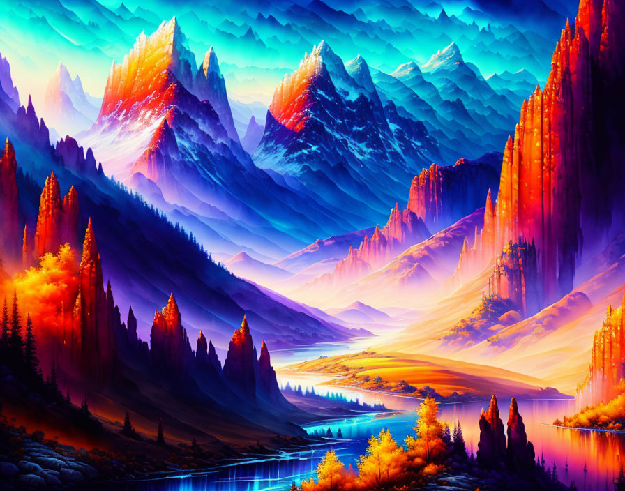 Colorful surreal landscape with mountains, river, and dreamlike lighting