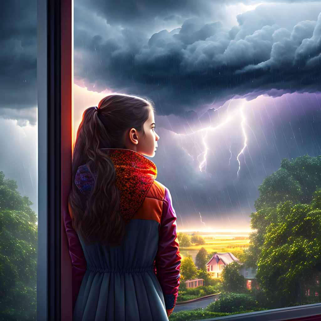 Girl in warm scarf watching dramatic thunderstorm through window