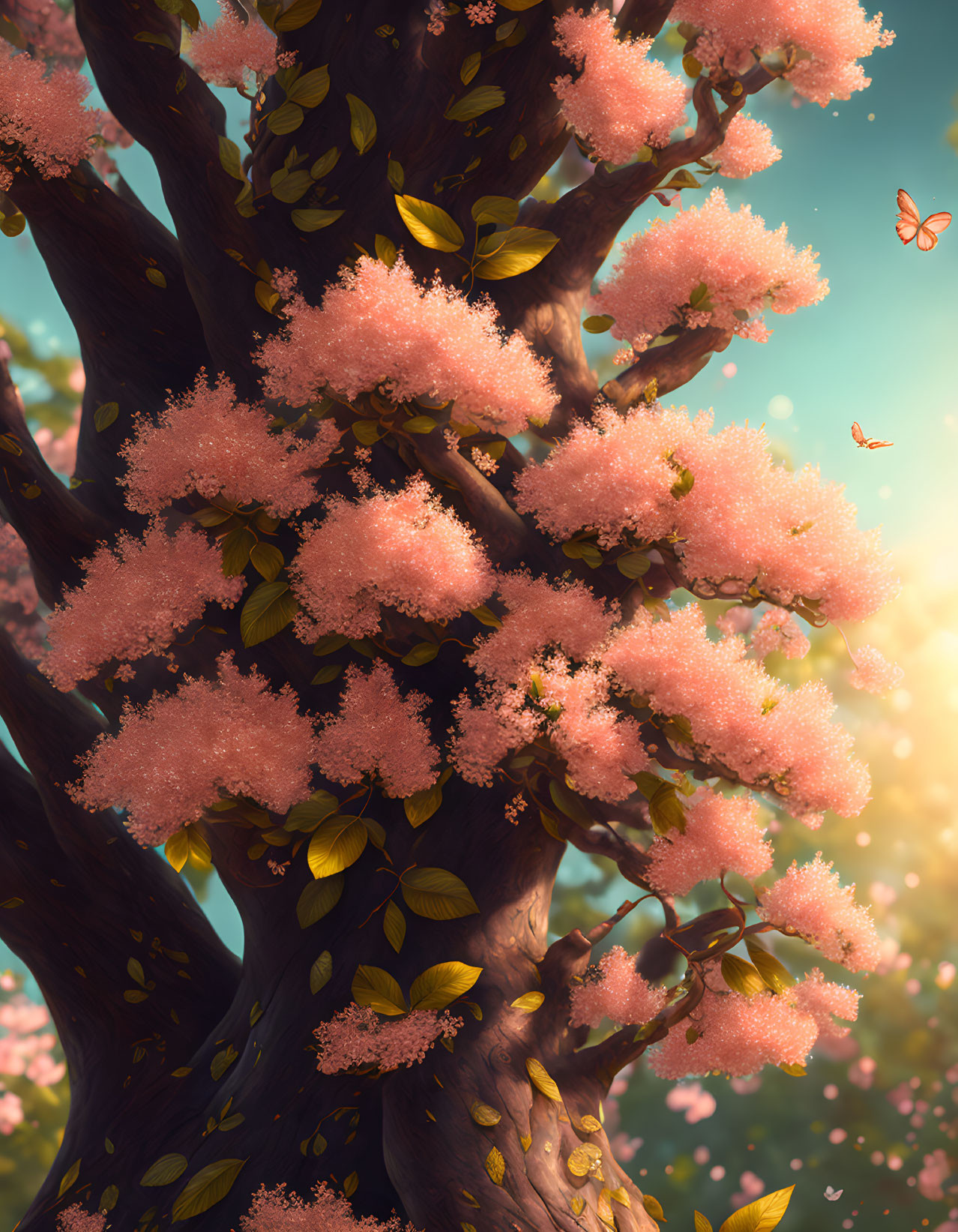 Pink blossomed tree with butterflies in serene sunlight.