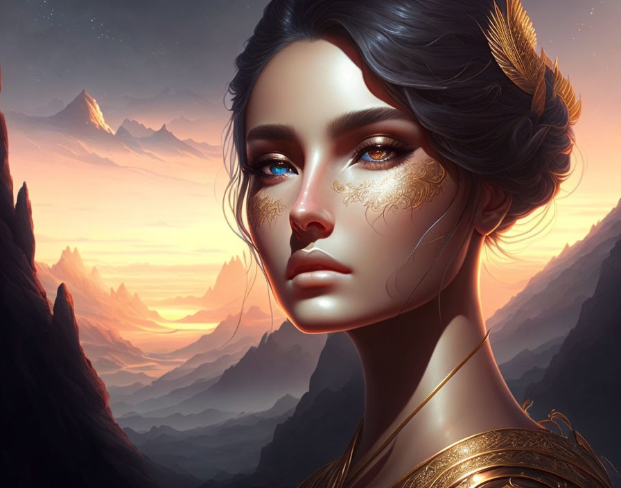 Illustrated portrait of a woman with blue eyes, golden tattoos, feathers, and mountain sunset.