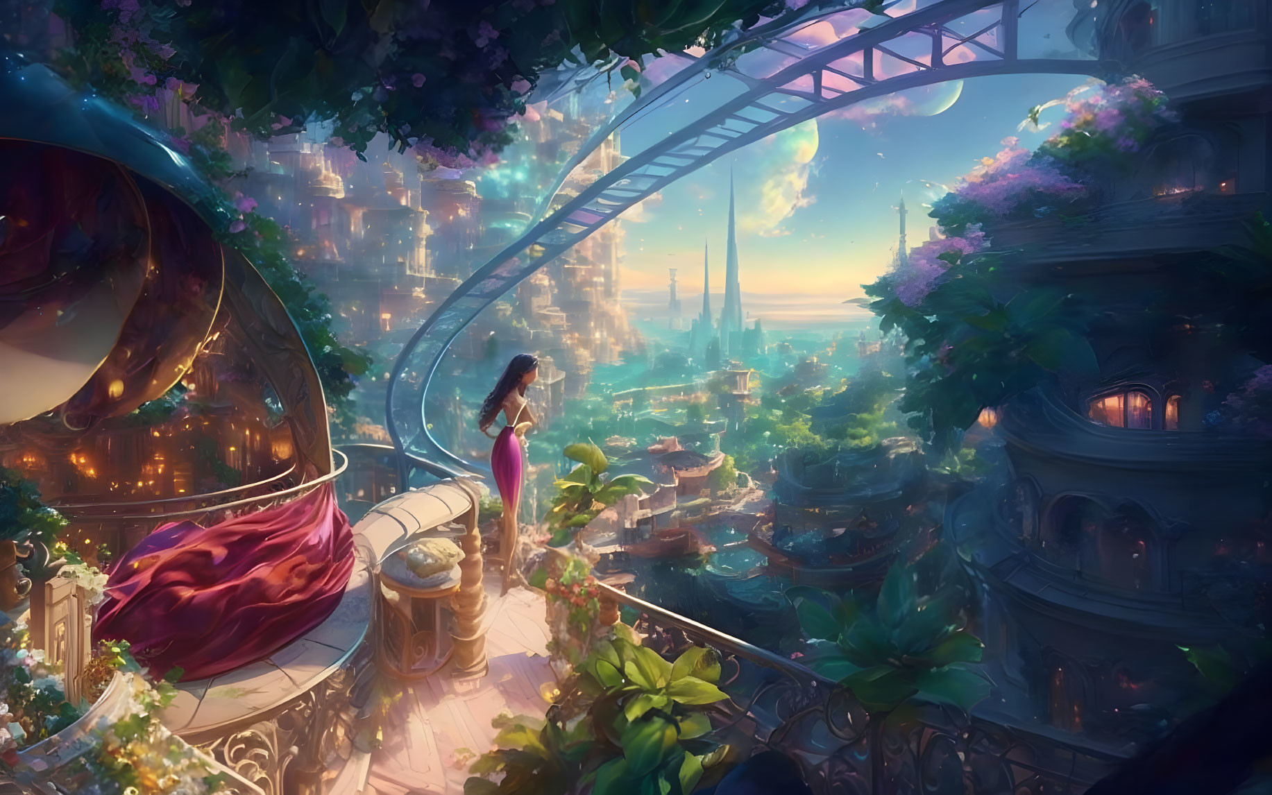 Woman on balcony gazes at futuristic cityscape at twilight