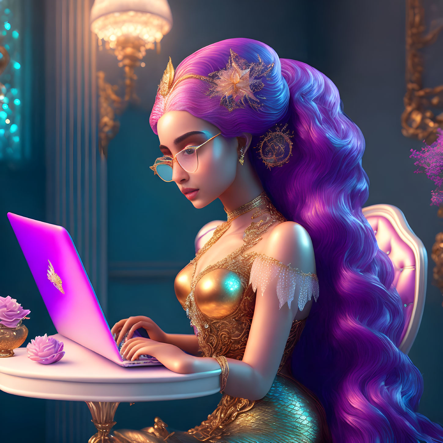 Regal animated woman with purple hair using laptop in luxurious room