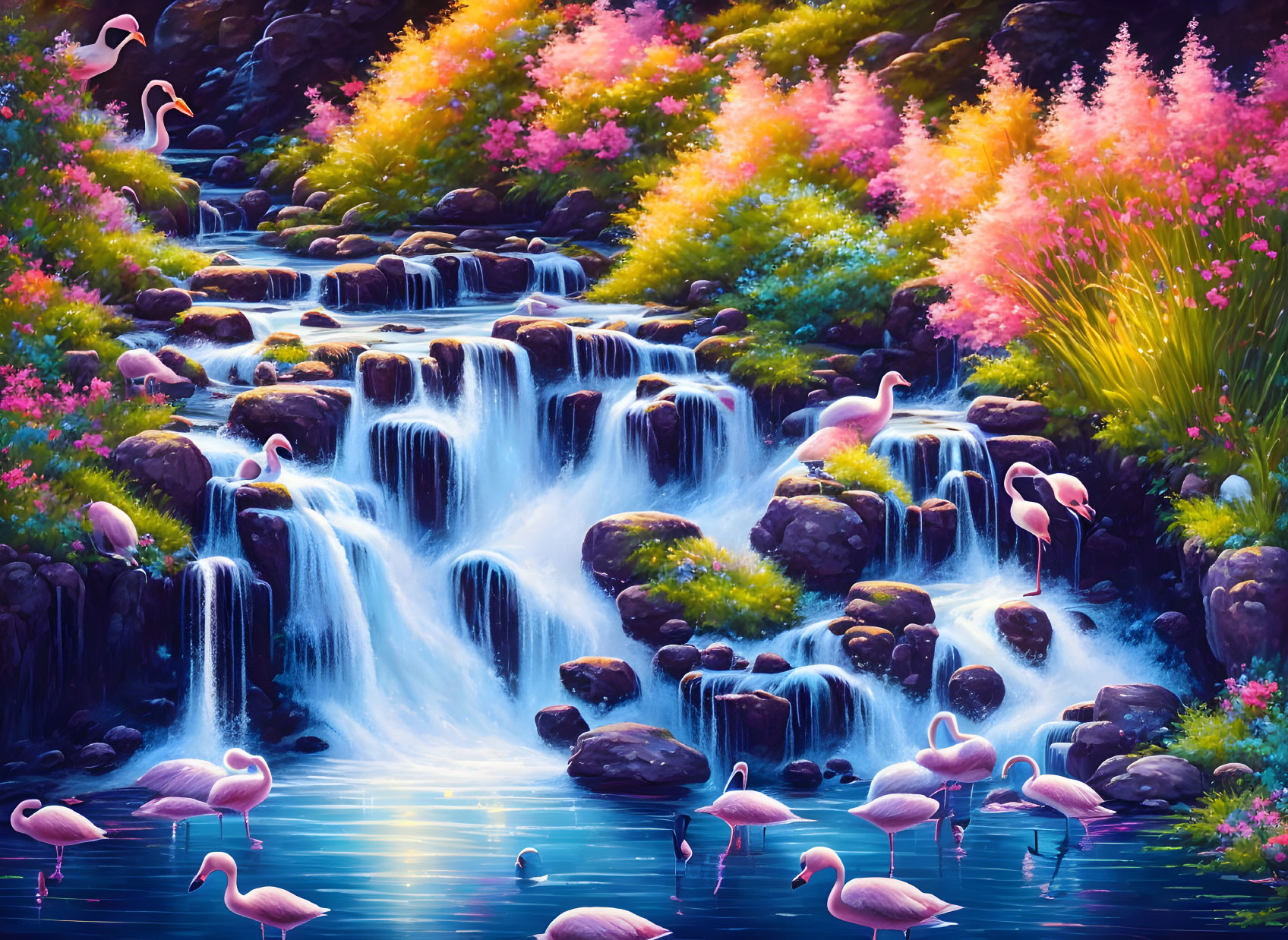 Colorful Painting of Cascading Waterfall with Flamingos and Lush Flora