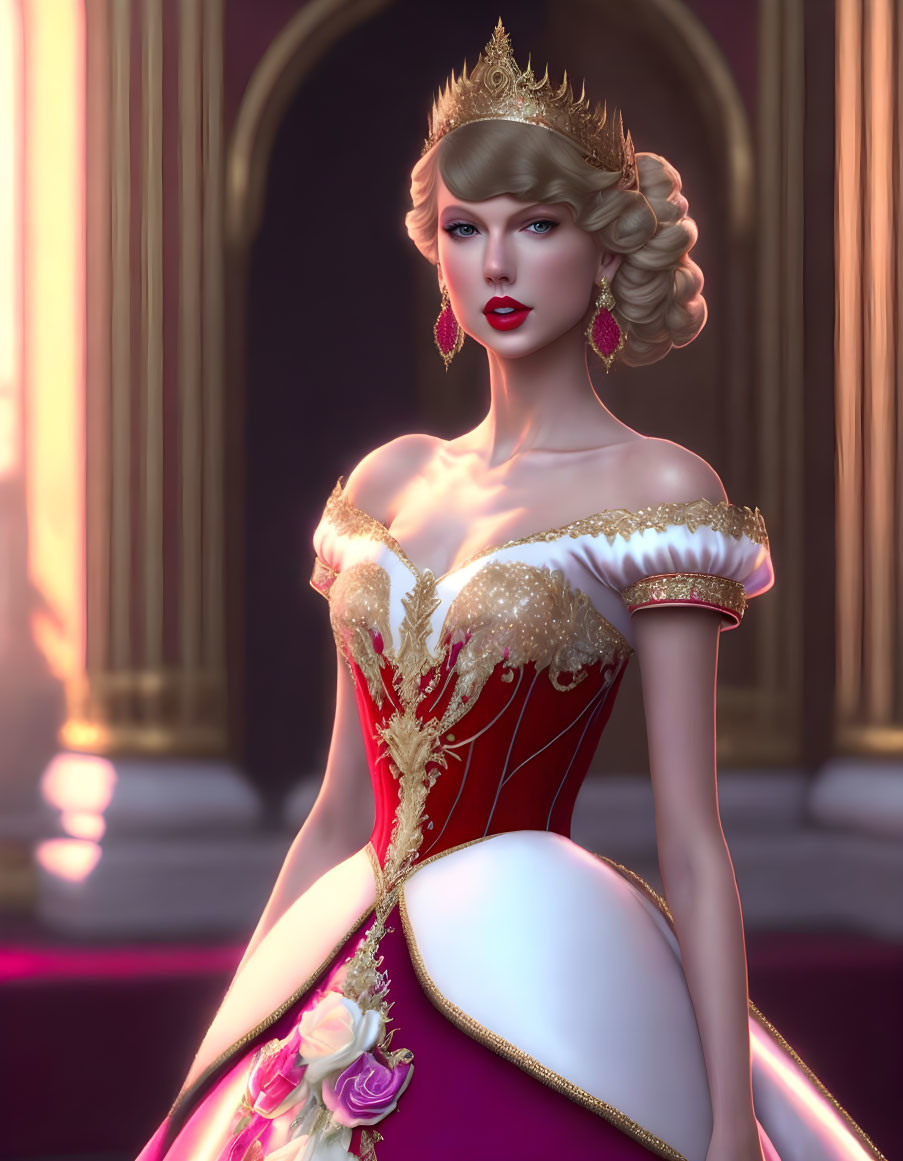 Digital artwork: Woman in red and white gown with golden tiara on purple background