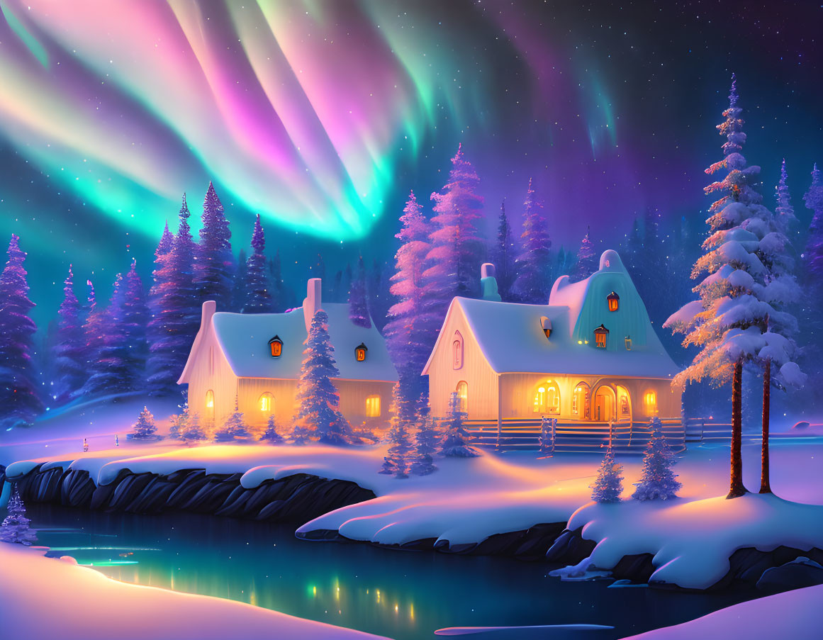 Snowy winter night with cozy houses, frozen river, aurora borealis