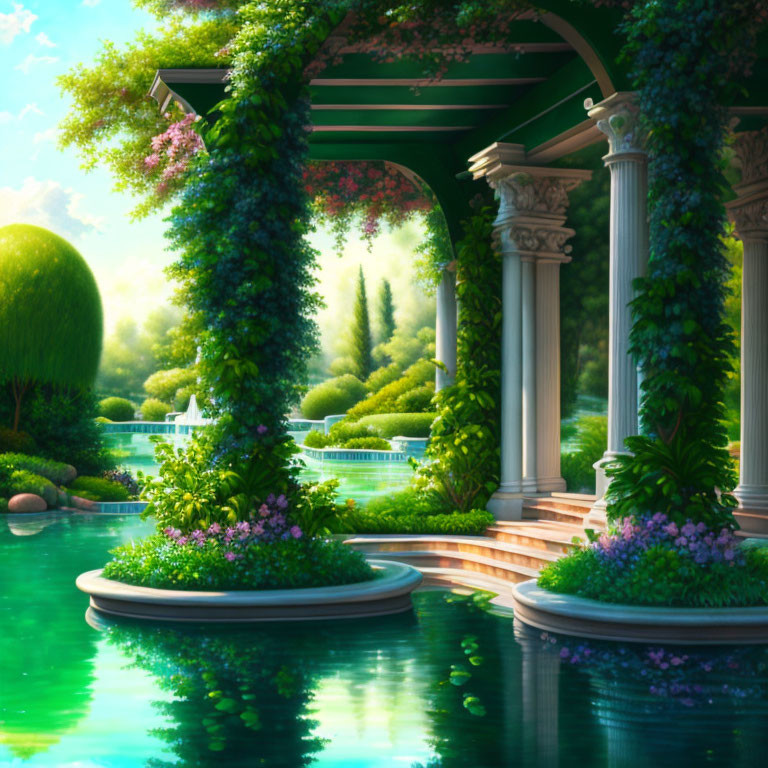 Lush Garden with Roman Columns, Ivy Archways, Ponds & Vibrant Flowers