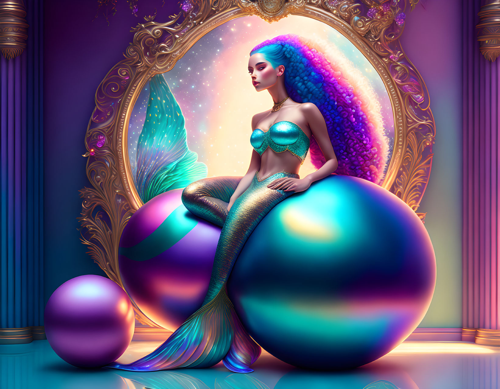 Vibrant digital artwork: Mermaid with shimmering tail and violet hair on ornate orb