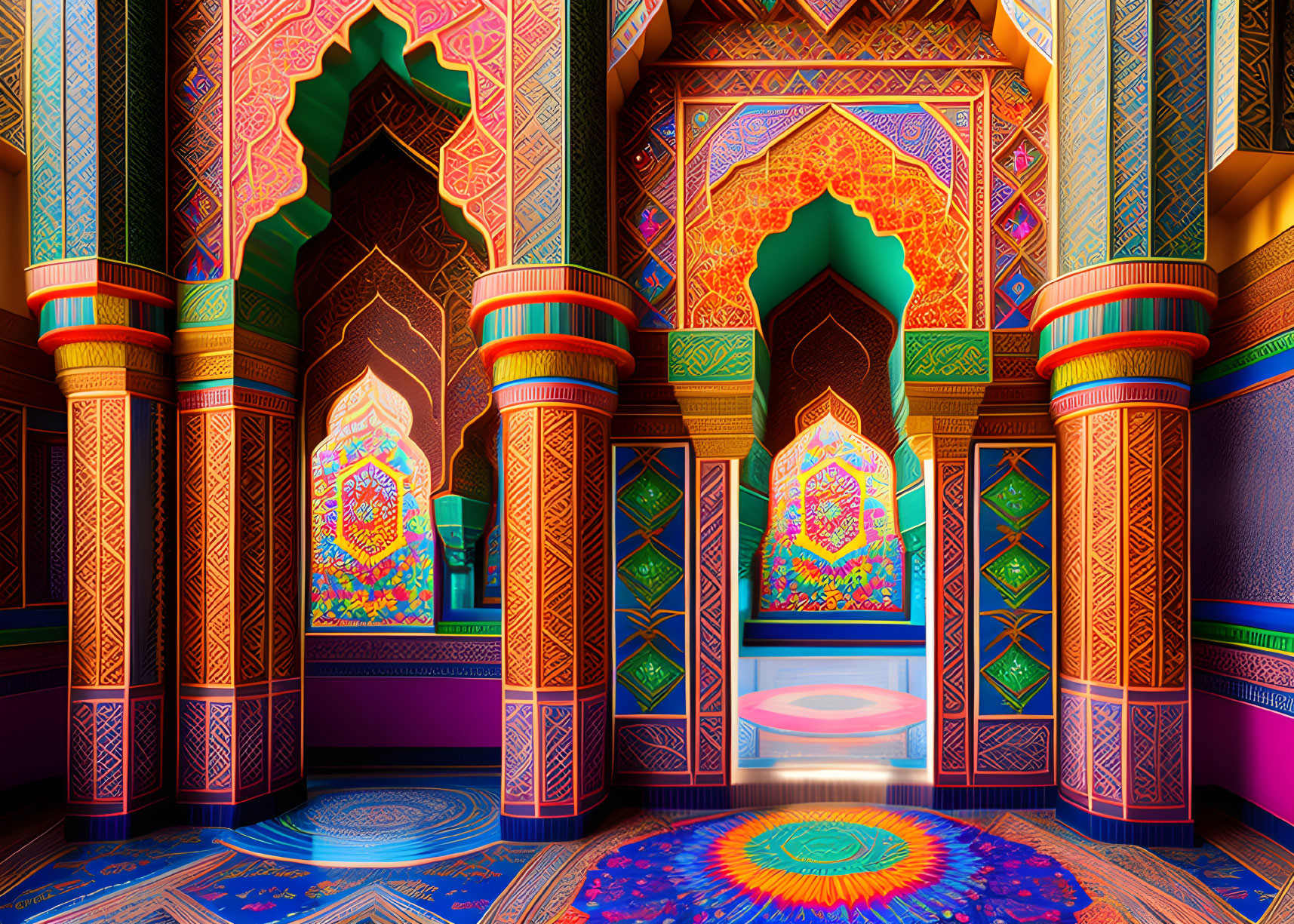 Traditional Mosque Interior with Vibrant Colors and Elaborate Geometric Patterns