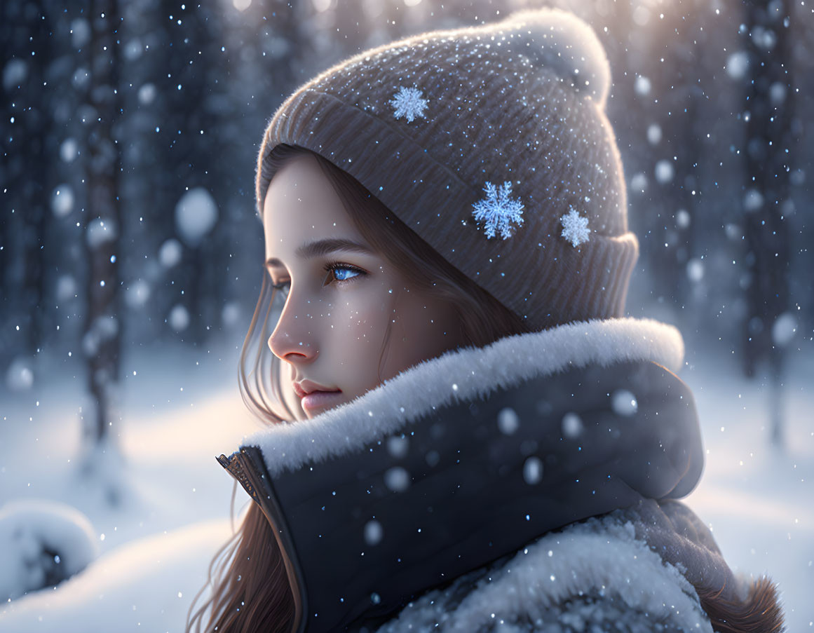 Woman in winter attire gazes into the distance in serene snowfall landscape