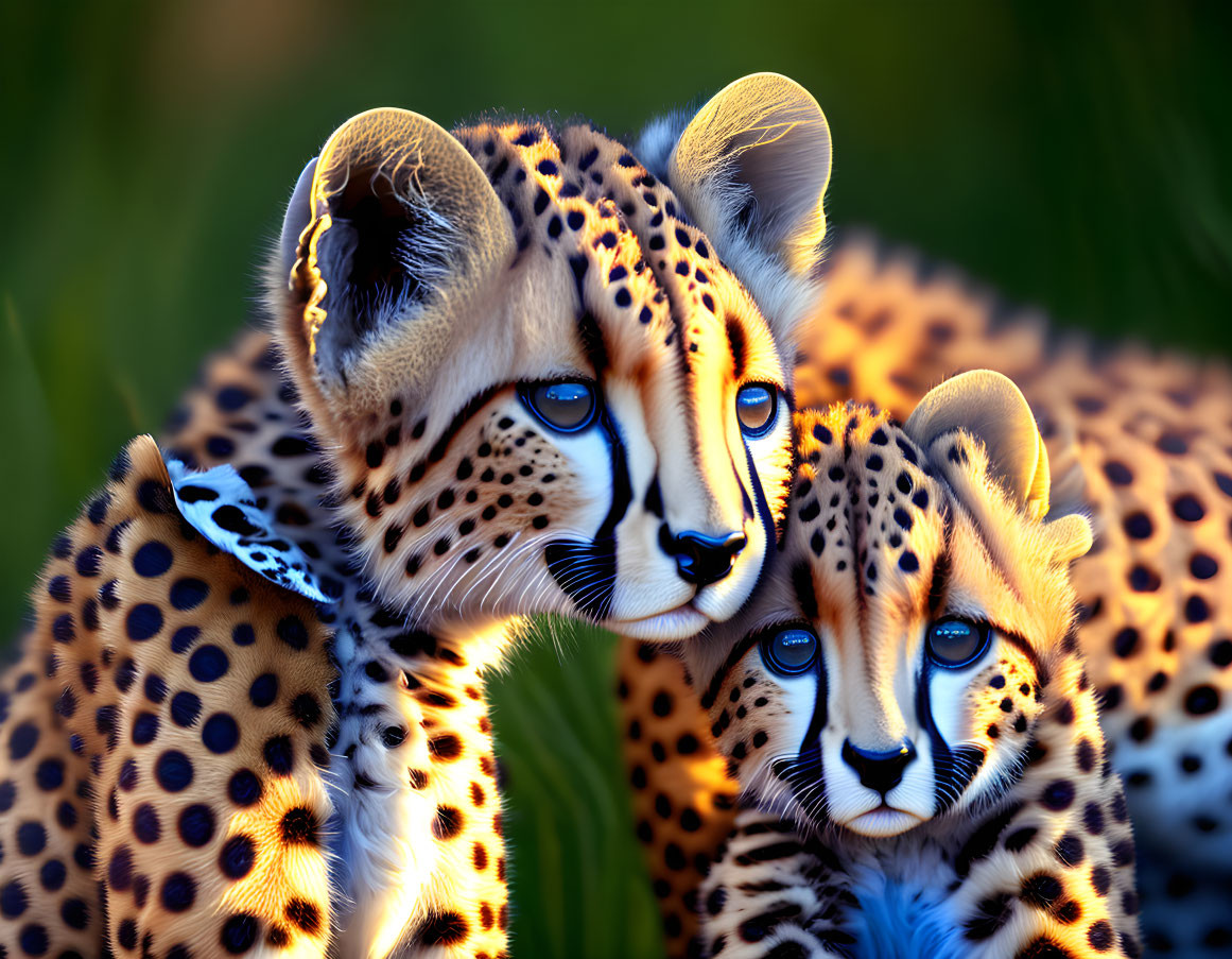 Two Cheetahs Snuggle in Green Foliage with Vibrant Blue Eyes