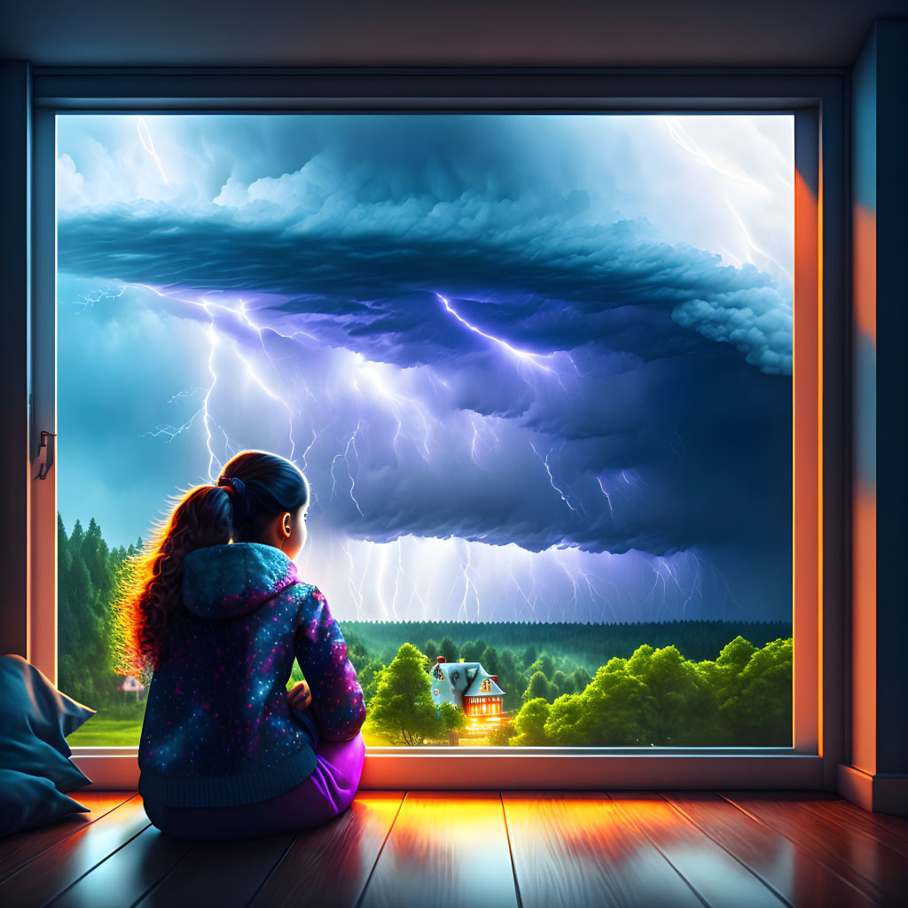 Person watching thunderstorm with lightning strikes over forest and house