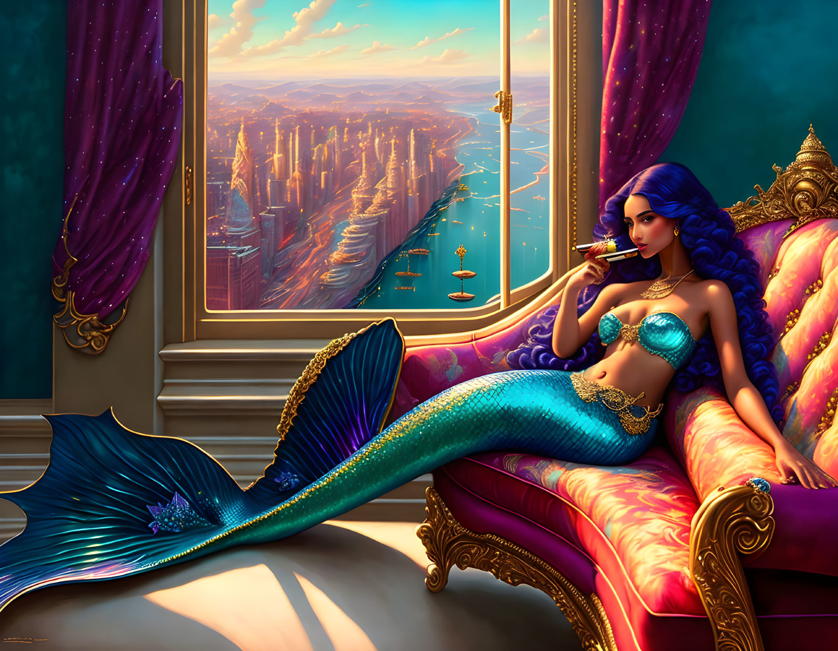 Blue-Haired Mermaid on Victorian Couch with Futuristic Cityscape View at Sunset