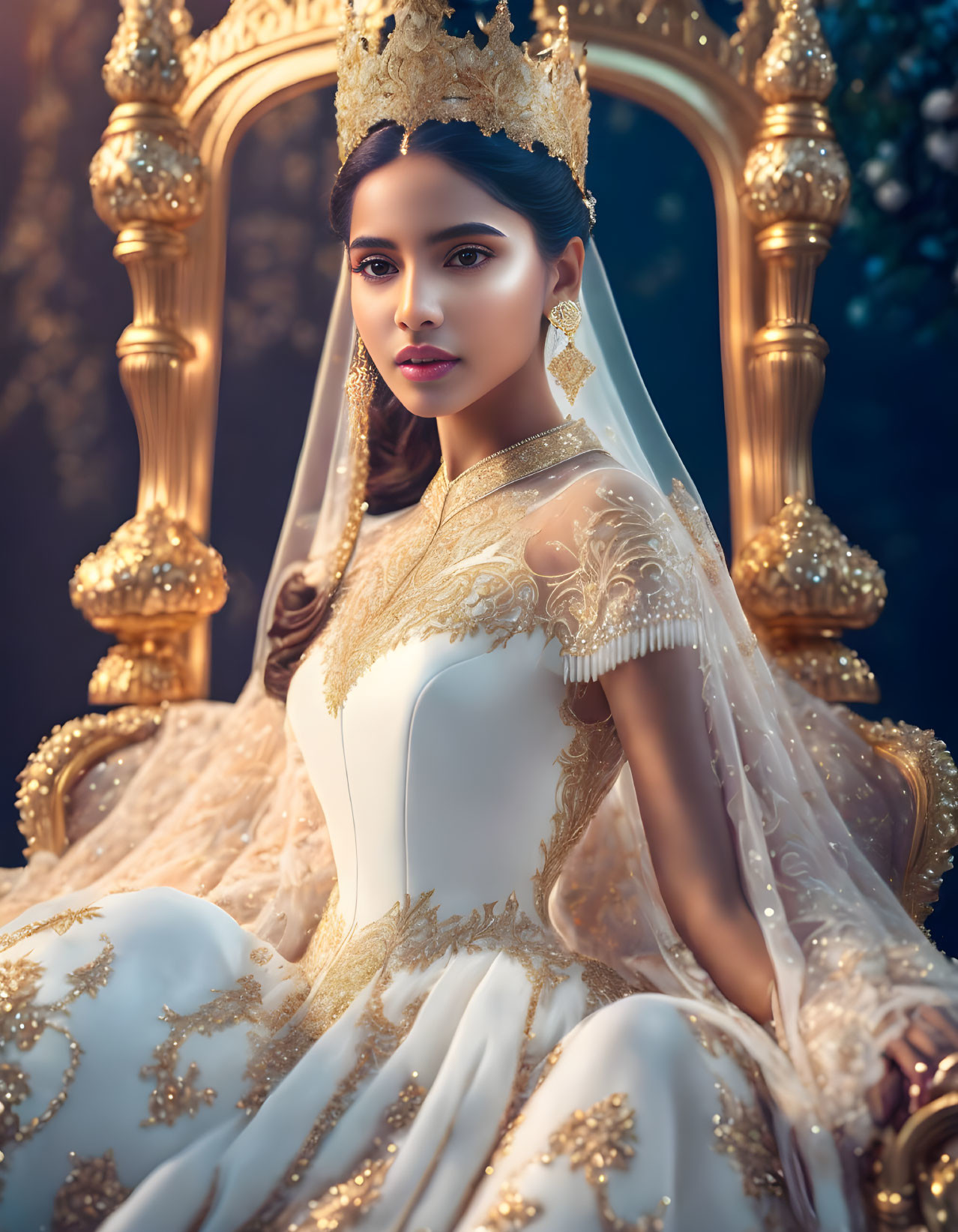 Regal woman in white and gold gown with crown and earrings