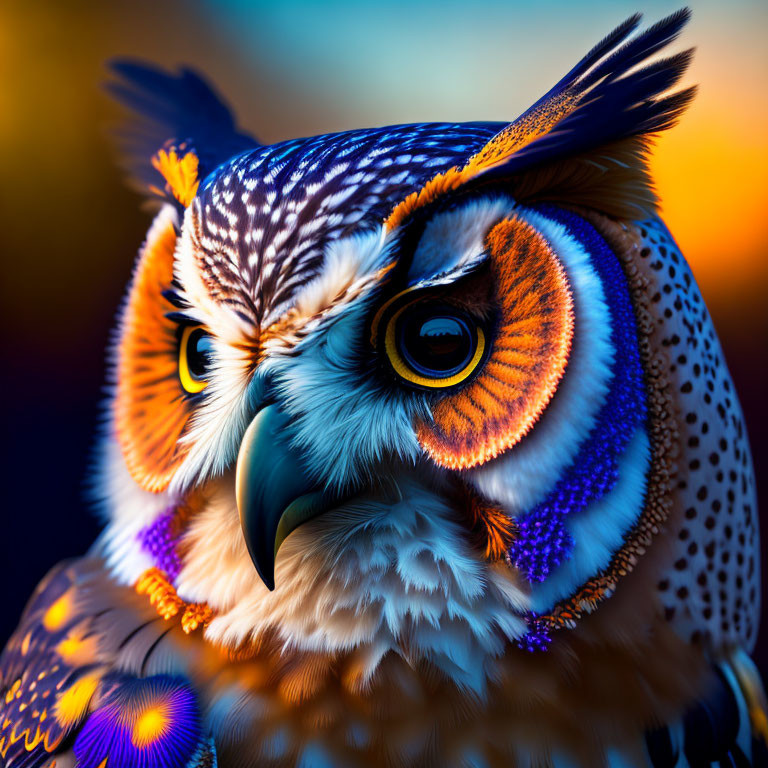 Striking owl with orange eyes and intricate feathers on colorful bokeh background