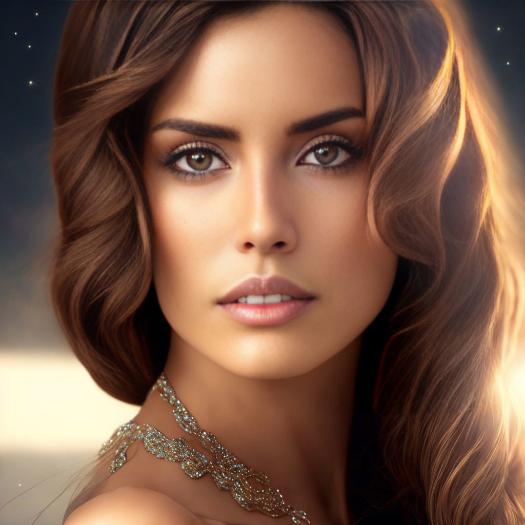 Detailed Portrait of Woman with Wavy Brown Hair and Delicate Necklace