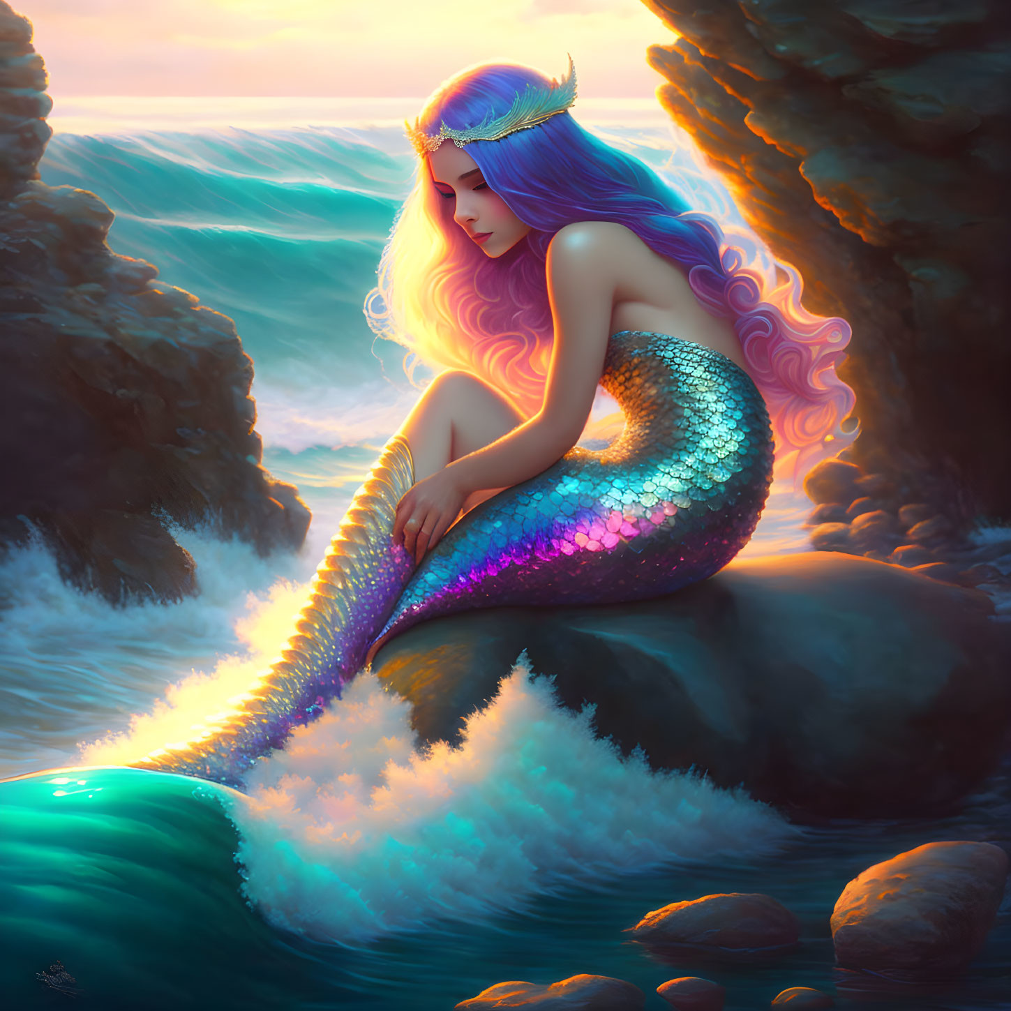 Vibrant mermaid with shimmering tail on sea rock at sunset