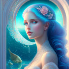 Fantasy illustration: Woman with blue hair in circular window with fish and stars.