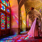 Traditional Mosque Interior with Vibrant Colors and Elaborate Geometric Patterns