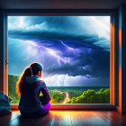 Person watching thunderstorm with lightning strikes over forest and house