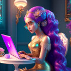 Regal animated woman with purple hair using laptop in luxurious room