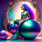 Vibrant digital artwork: Mermaid with shimmering tail and violet hair on ornate orb