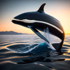 Orca breaching ocean at sunset with mountains.