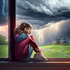 Girl in warm scarf watching dramatic thunderstorm through window
