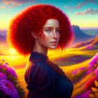 Child with Curly Red Hair in Pink Flower Field at Sunset