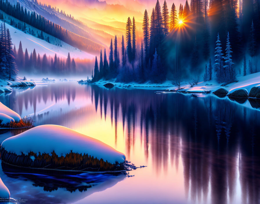 Snow-covered trees and riverbanks in serene winter sunset scene