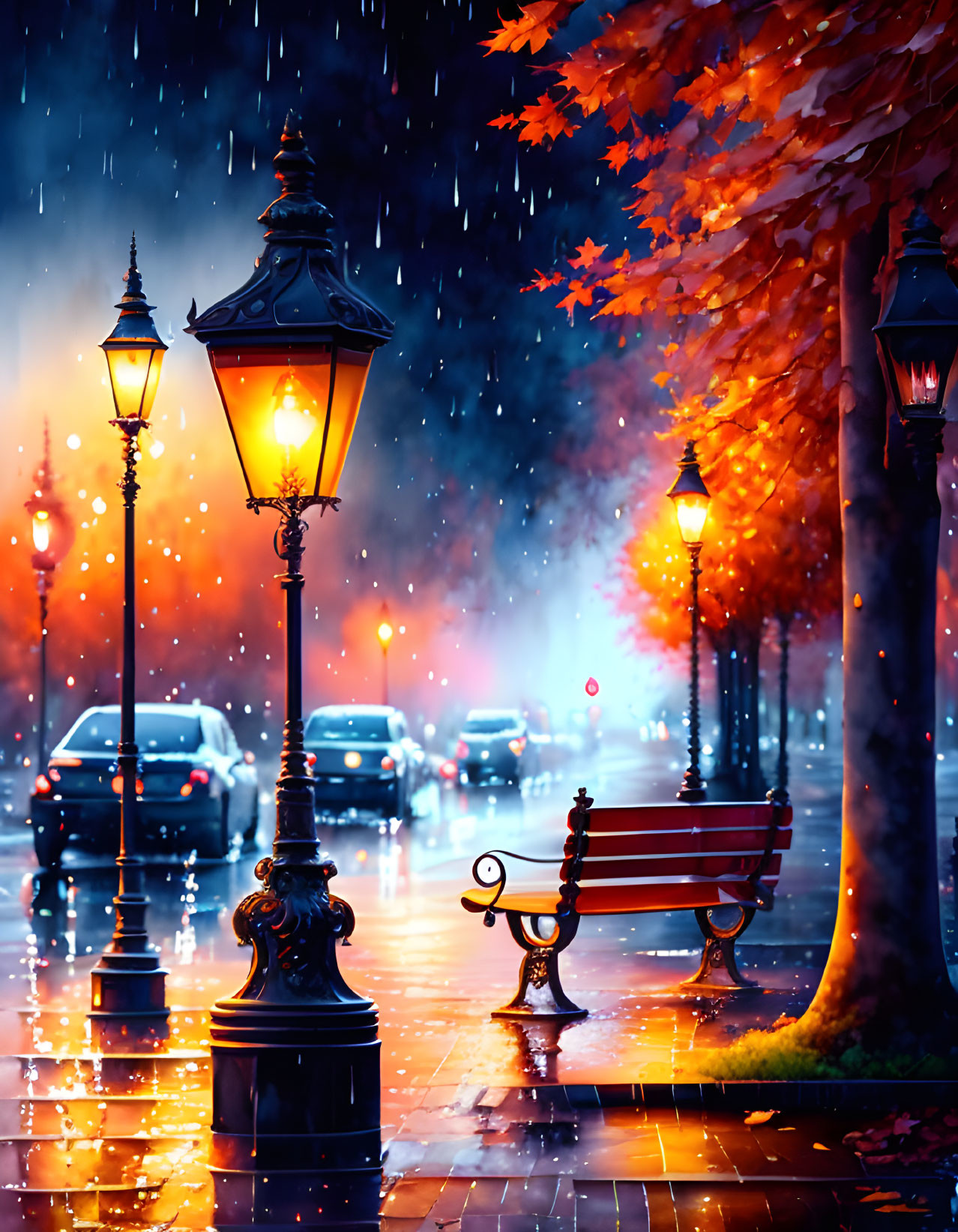 Rainy evening scene: wet pavement, streetlights reflecting, autumn leaves, park bench, distant car