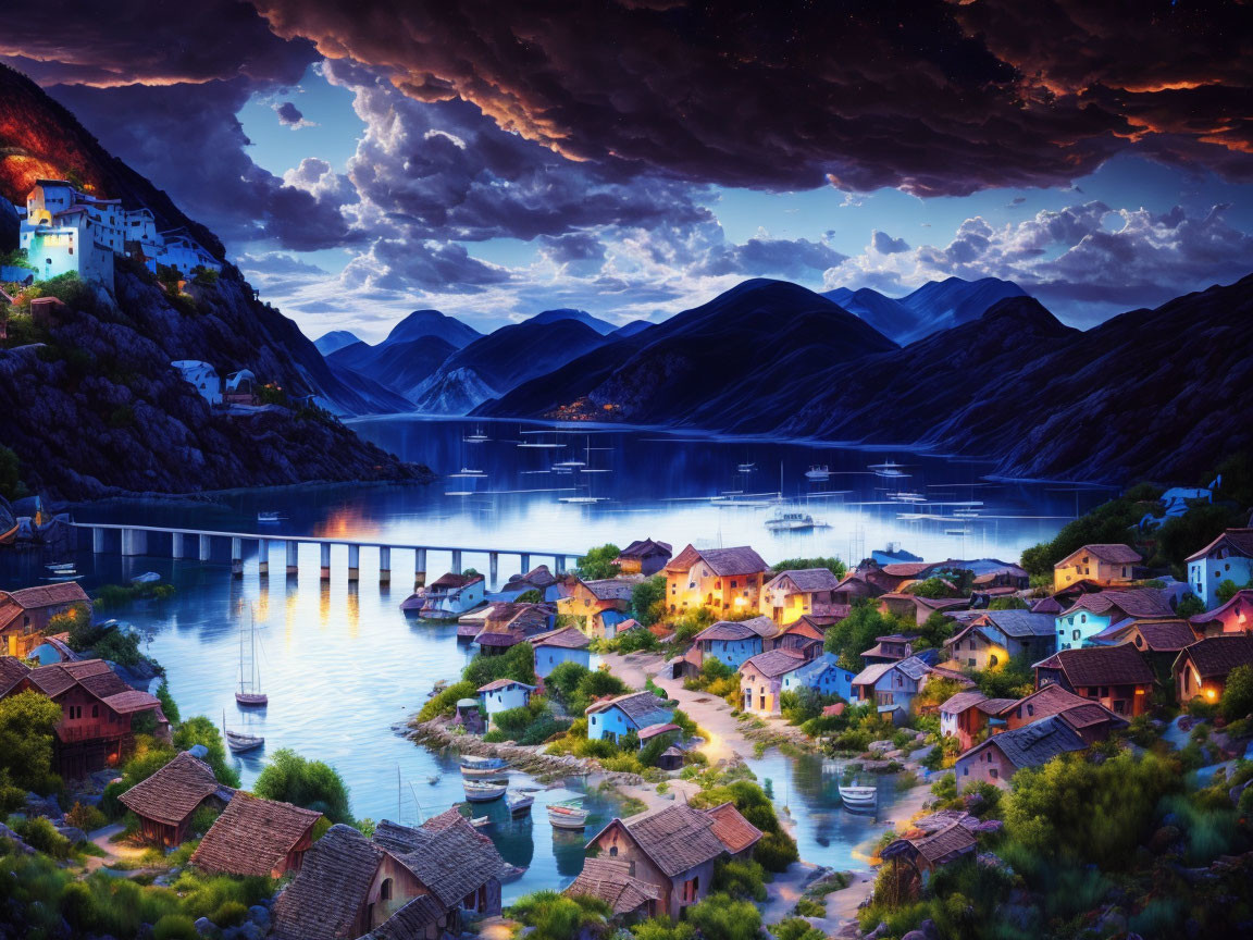 Coastal Village Twilight Scene with Illuminated Buildings & Starry Sky