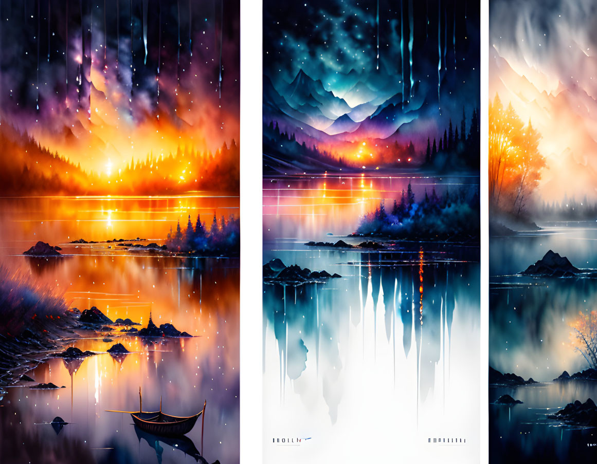 Four Panels of Vibrant Digital Art: Serene Landscapes, Water Reflections, Small Boat