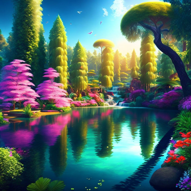 Colorful Fantasy Landscape with Pink and Green Foliage, Blue River, Waterfalls, and Birds