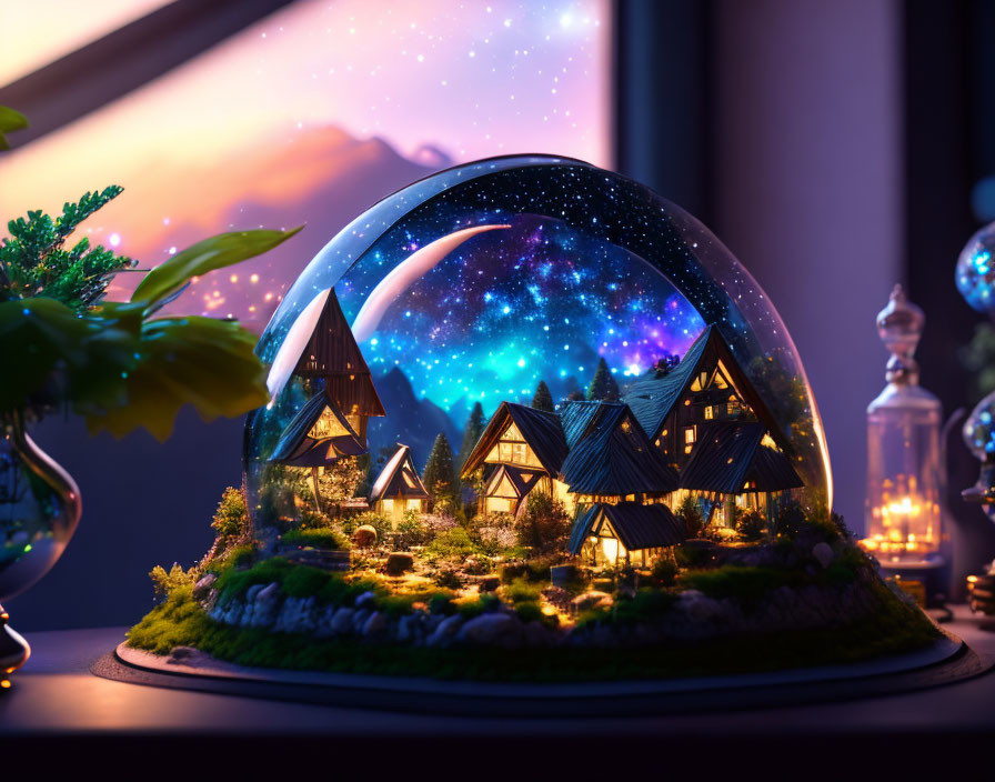 Miniature Village with Illuminated Houses in Glass Dome at Twilight