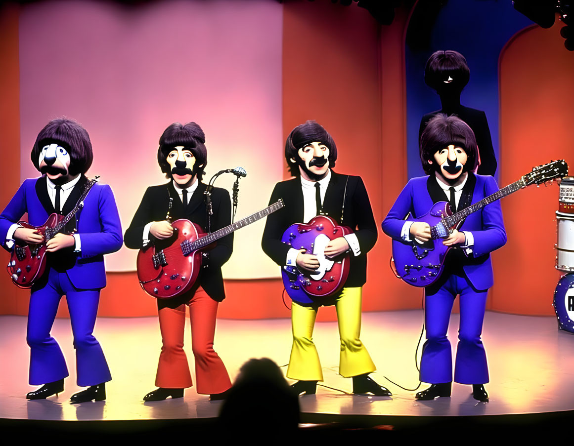 Colorful Life-Size Band Figures with Guitars on Red Background