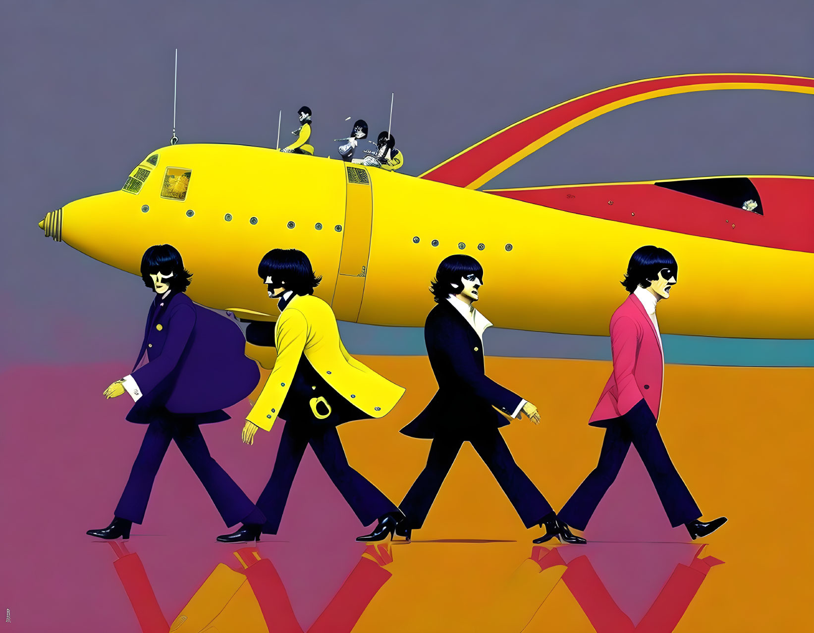 Vibrant 1960s Pop Art Style Band Illustration with Yellow Submarine