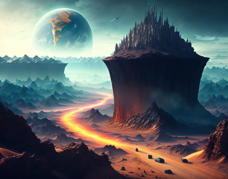 Fantastical landscape with colossal rock spire, lava river, mountains, spaceships, and looming