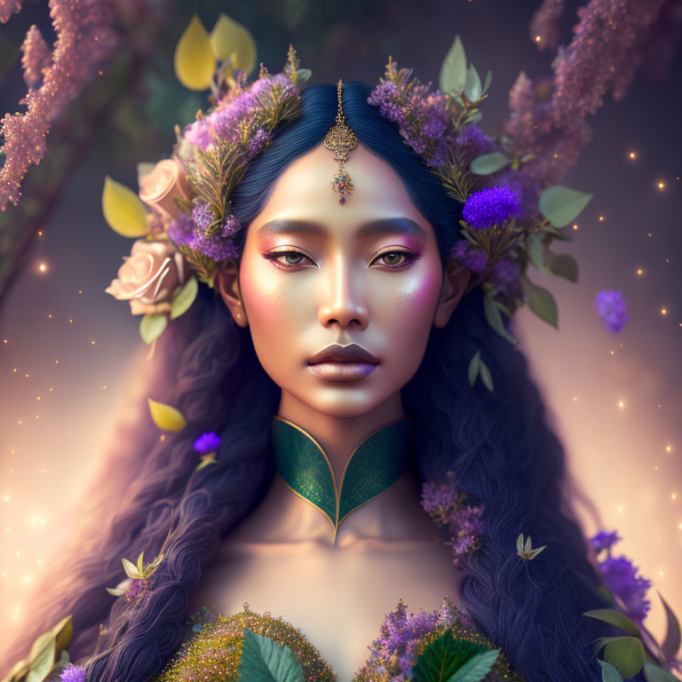 Digital portrait of woman with floral adornments in mystical ambiance