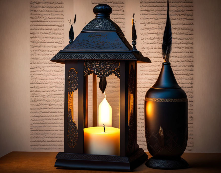 Intricate Arabesque Lantern and Arabic Calligraphy Background