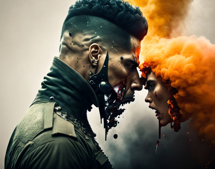 Abstract art: Two figures with disintegrating effects and orange smoke.