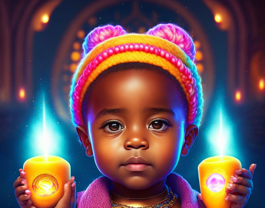 Young child with glowing eyes holding candles in ornate background