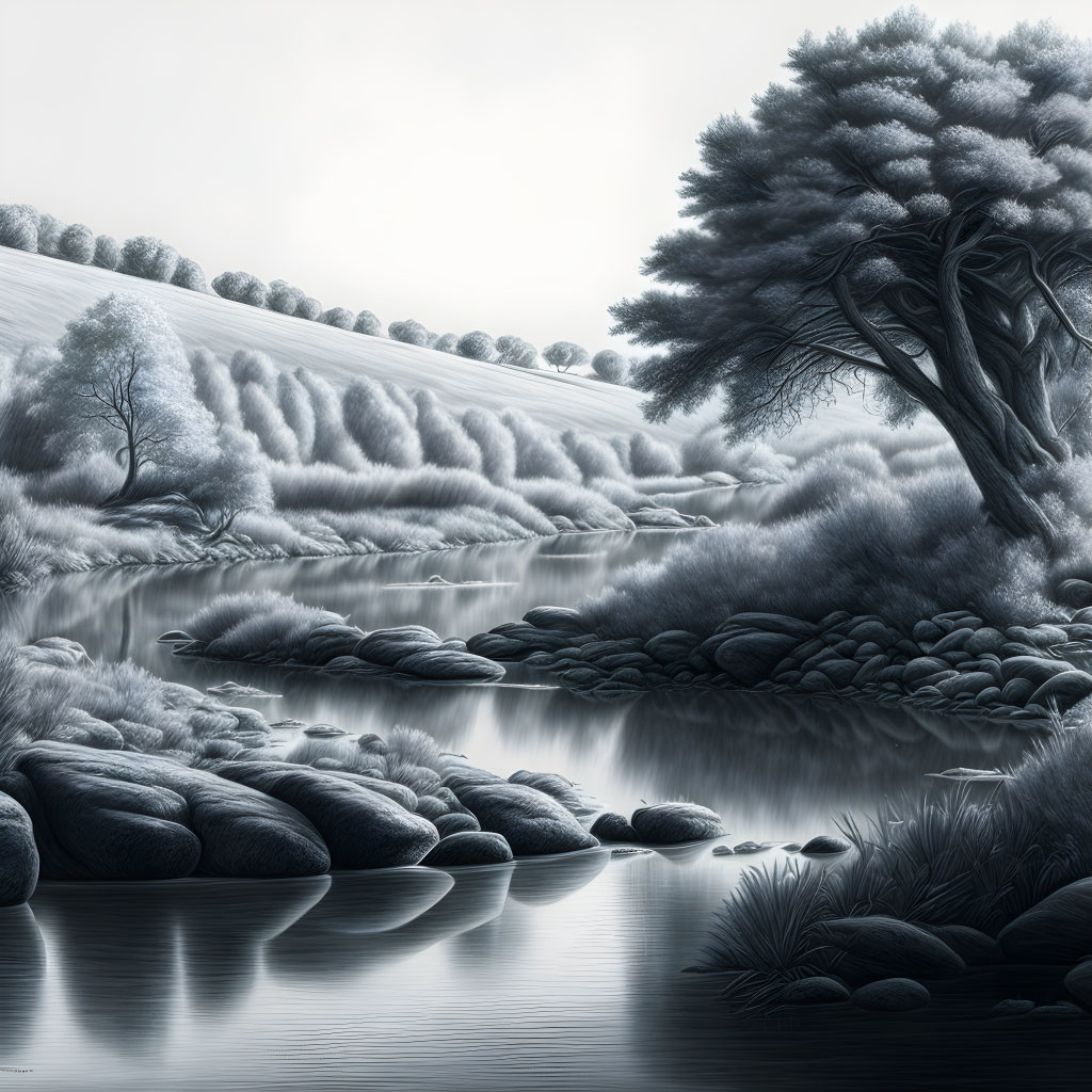 Monochrome landscape with reflective river, round stones, hills, textured vegetation, and trees