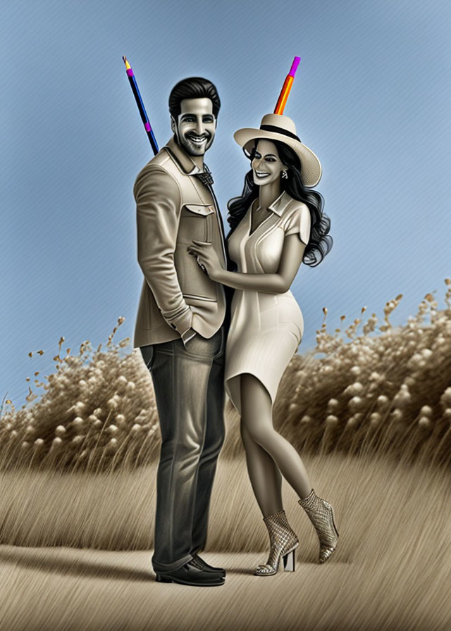 Happy couple with paintbrushes and pencils in field setting