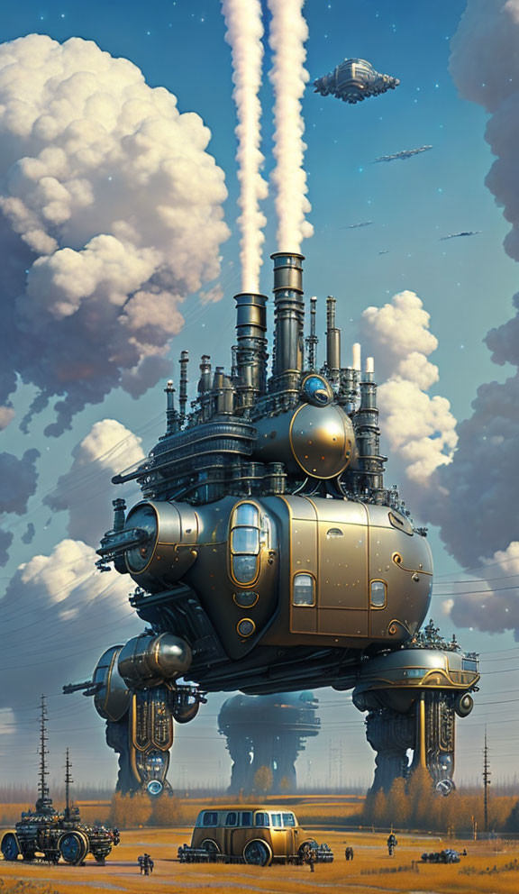 Flying Steampunk City with Rockets & Airships