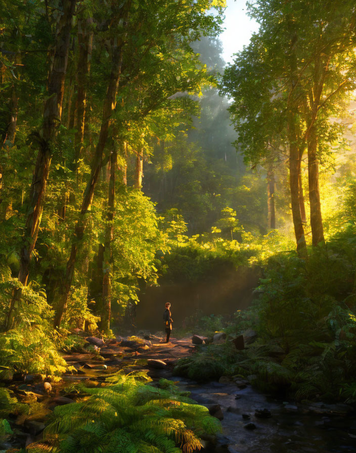 Person standing on misty forest path with dappled sunlight and lush greenery