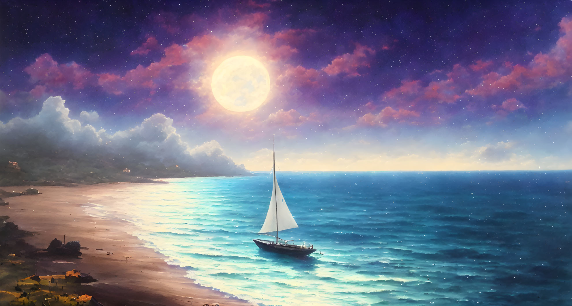 Tranquil nightscape with sailboat on calm waters under full moon