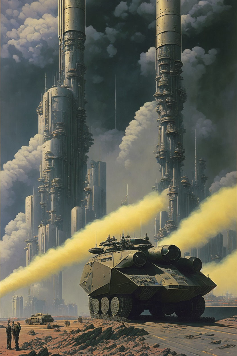 Armored vehicle with twin cannons emitting yellow smoke in desert with industrial towers.