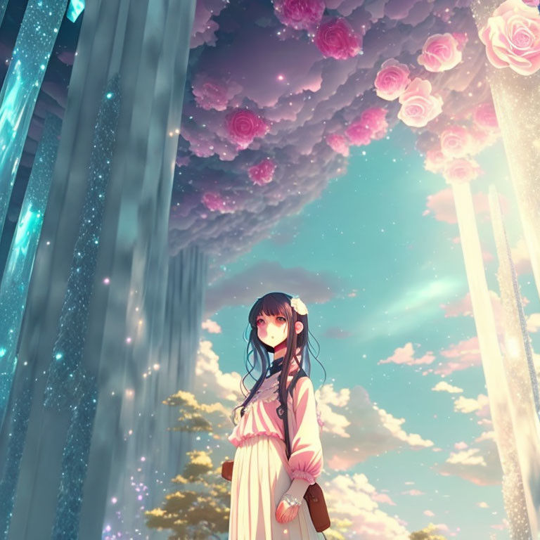 Blue-haired girl in cream dress under pink sky with roses and blue waterfall